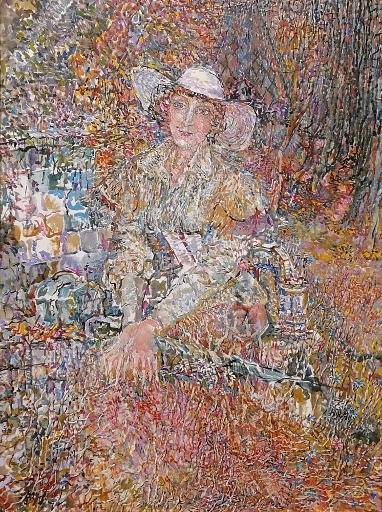 Художник Лидия Самокиш. Абрамцево. На скамье Врубеля. Холст, масло, 110х90 см. 2009г. Частная коллекция