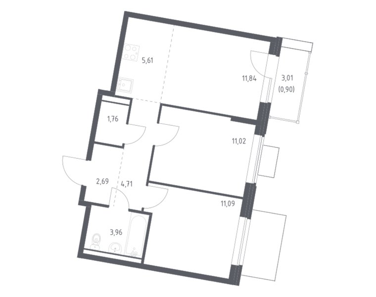 Планировка 2-комнатной квартиры 53,58 м² в ЖК «Квартал Западный»: корпус 6, секция 4, 3-й этаж