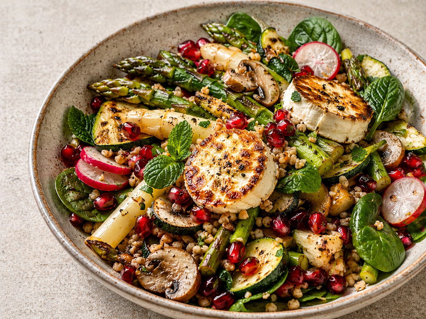 Gericht in einer flachen Keramikschale: lauwarmer Salat aus grünem und weißem Spargel, Bulgur, gegrillten Zucchinischeiben, Champignons und Radieschen, garniert mit gebratenem Ziegenkäse, Granatapfelkernen und frischer Minze, angerichtet auf neutralem Hin