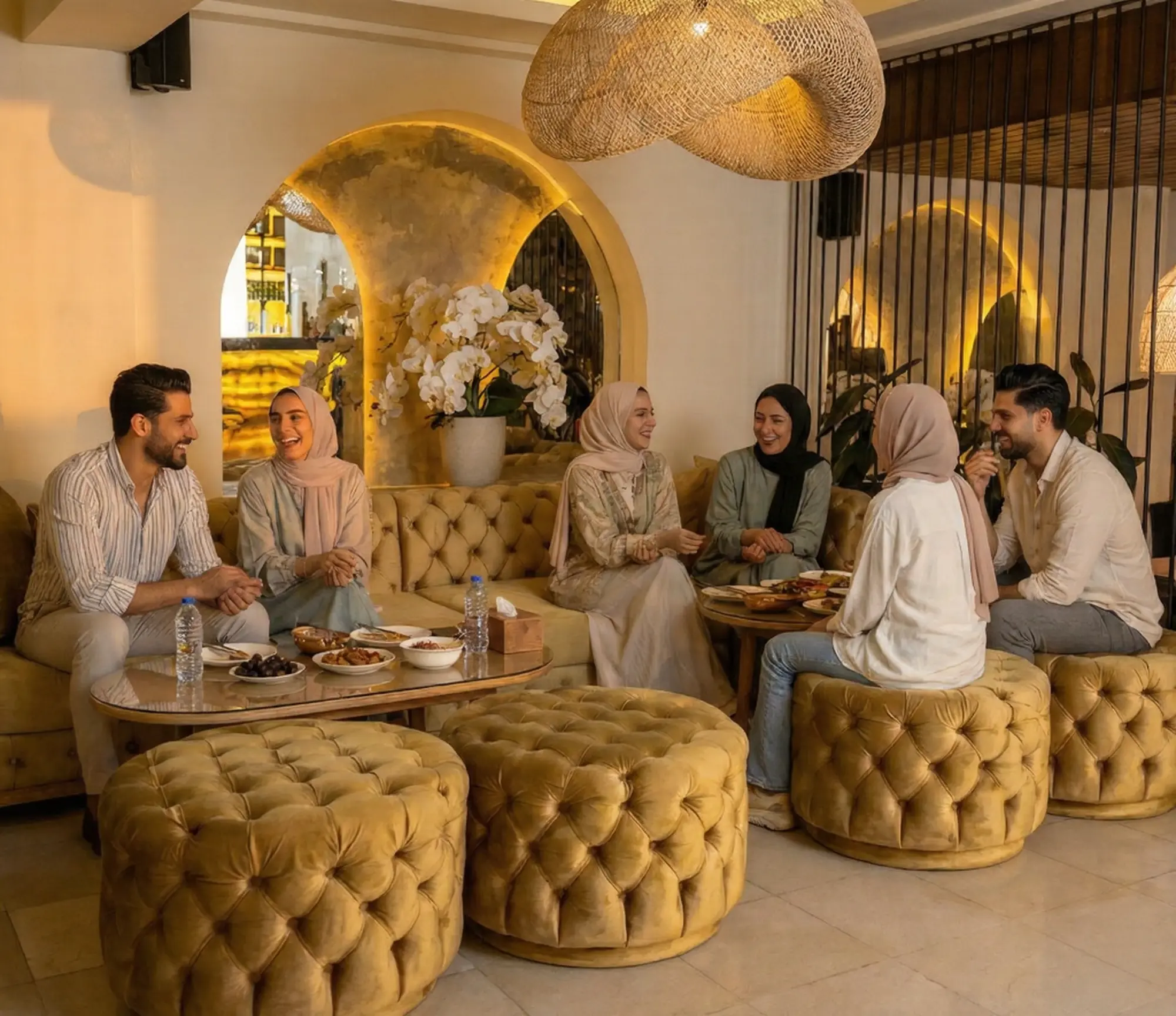 A group of six friends, including women wearing hijabs, laughing together on a yellow tufted sofa in a warmly lit lounge. They are enjoying a relaxed Iftar in Ubud with dates and drinks laid out on the glass table.