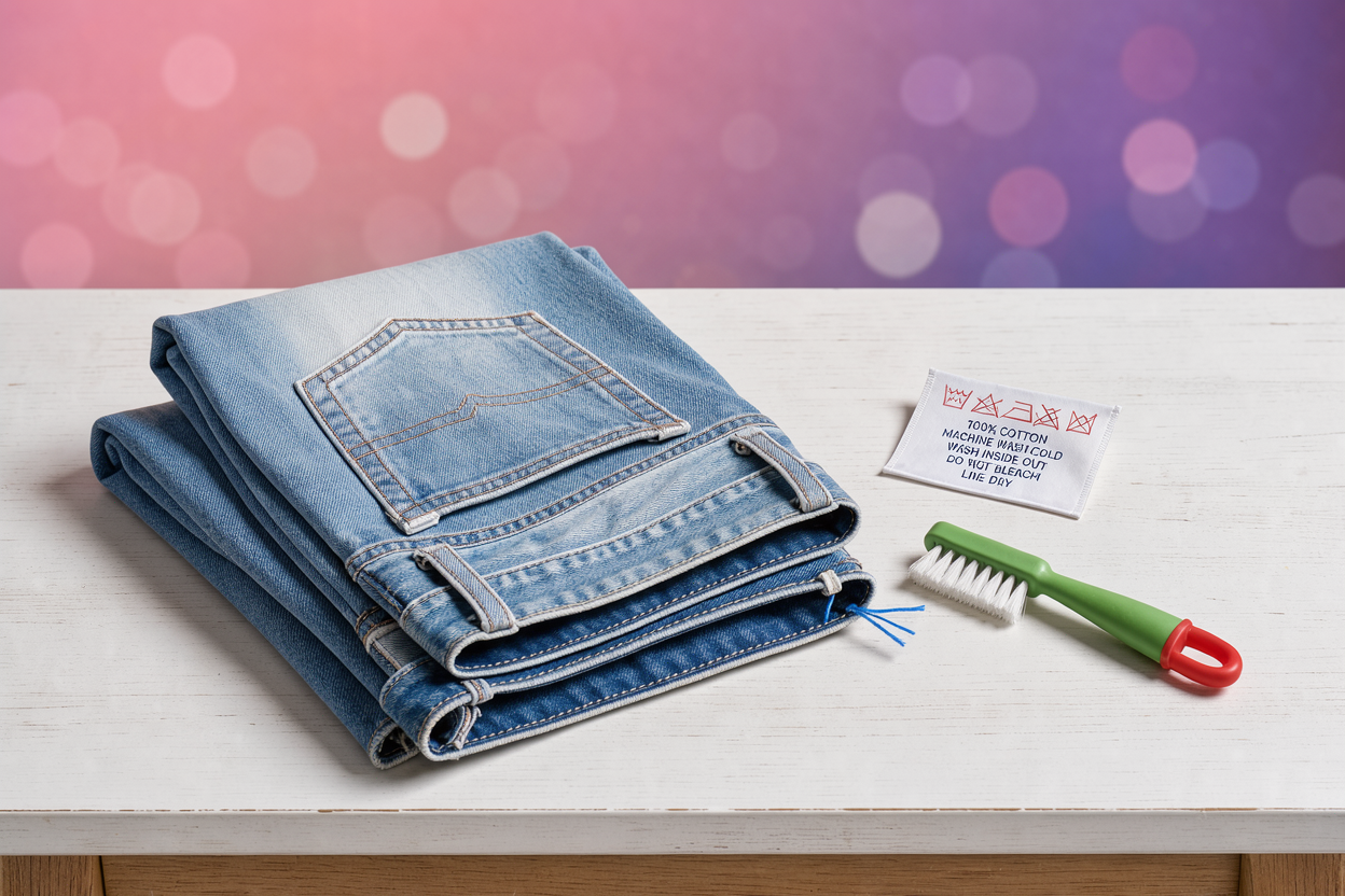 Folded pair of jeans turned inside out on a wooden table next to a care label and a small stain removal brush