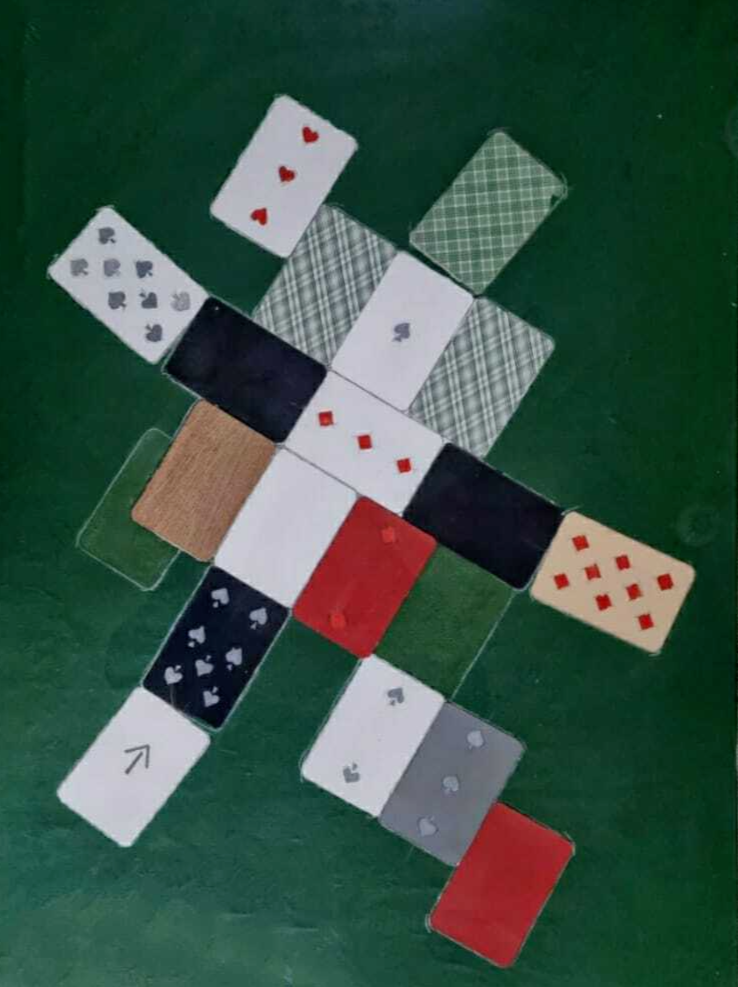 Владимир Немухин «Композиция с картами»2009 г. х. акрил, коллаж из игральных карт. 70х50 см