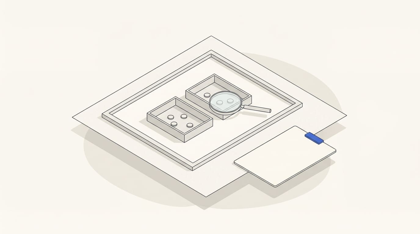 Two small email test trays with response tokens under a magnifying glass.