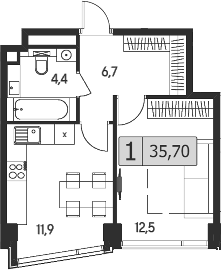 1-комн 35,70 м²