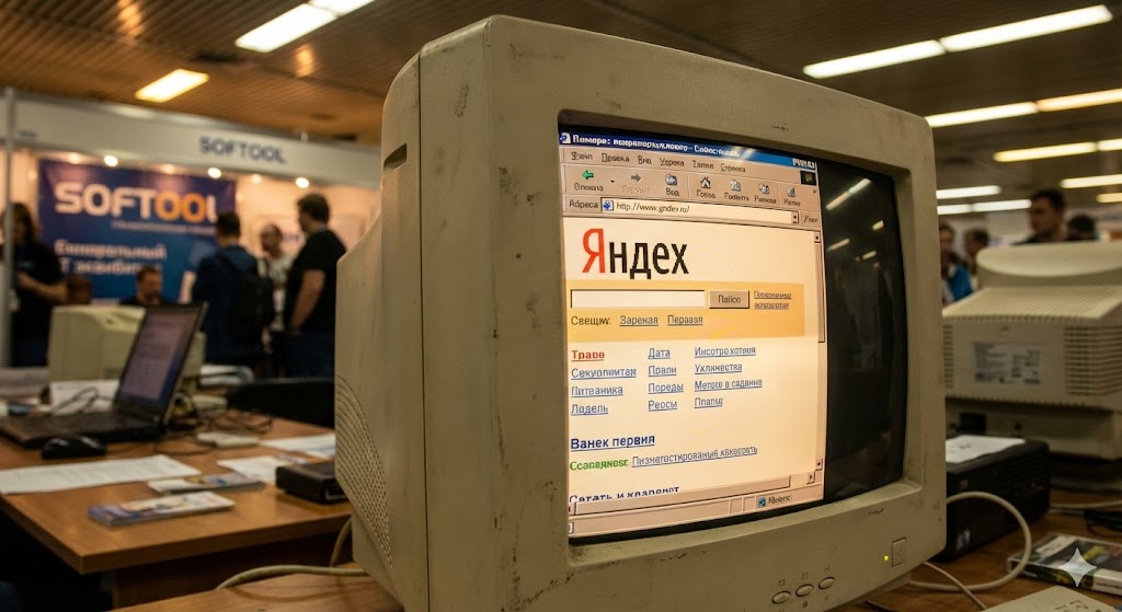 ЭЛТ-монитор с первой версией главной страницы Yandex.ru на выставке Softool 1997 года