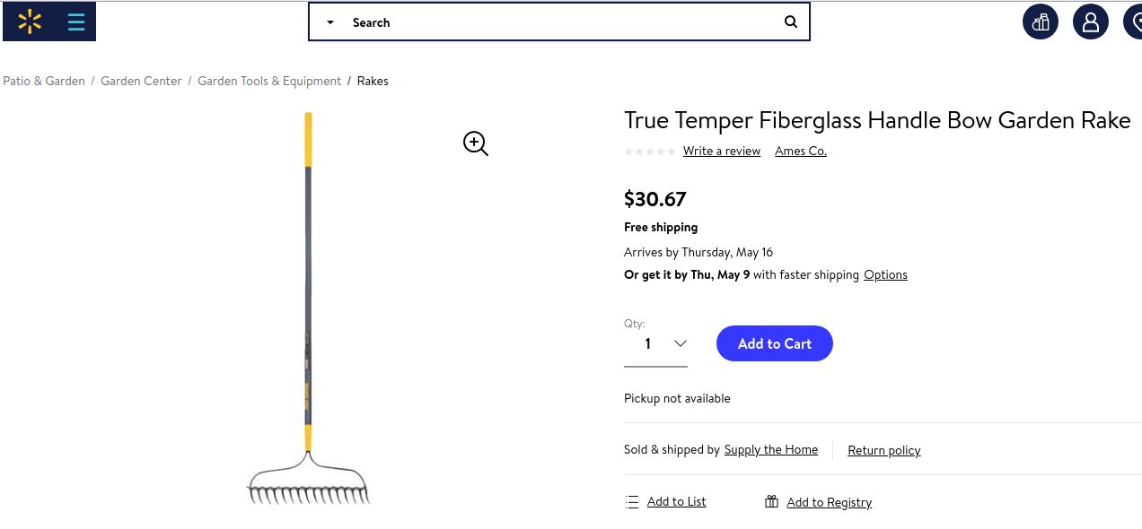 Garden rake for dropshipping from Walmart on Amazon