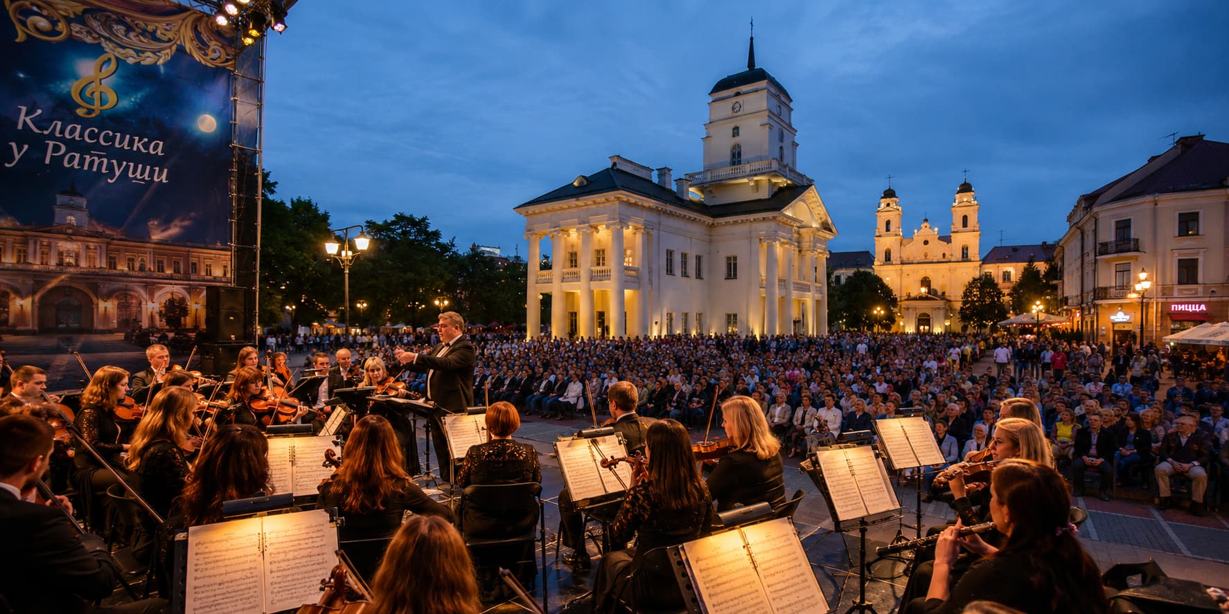 Open-air classical music concert at Minsk Town Hall on Freedom Square in Upper Town. Summer cultural events, live performances, and entertainment in the historic center near Center Rooms Hostel.