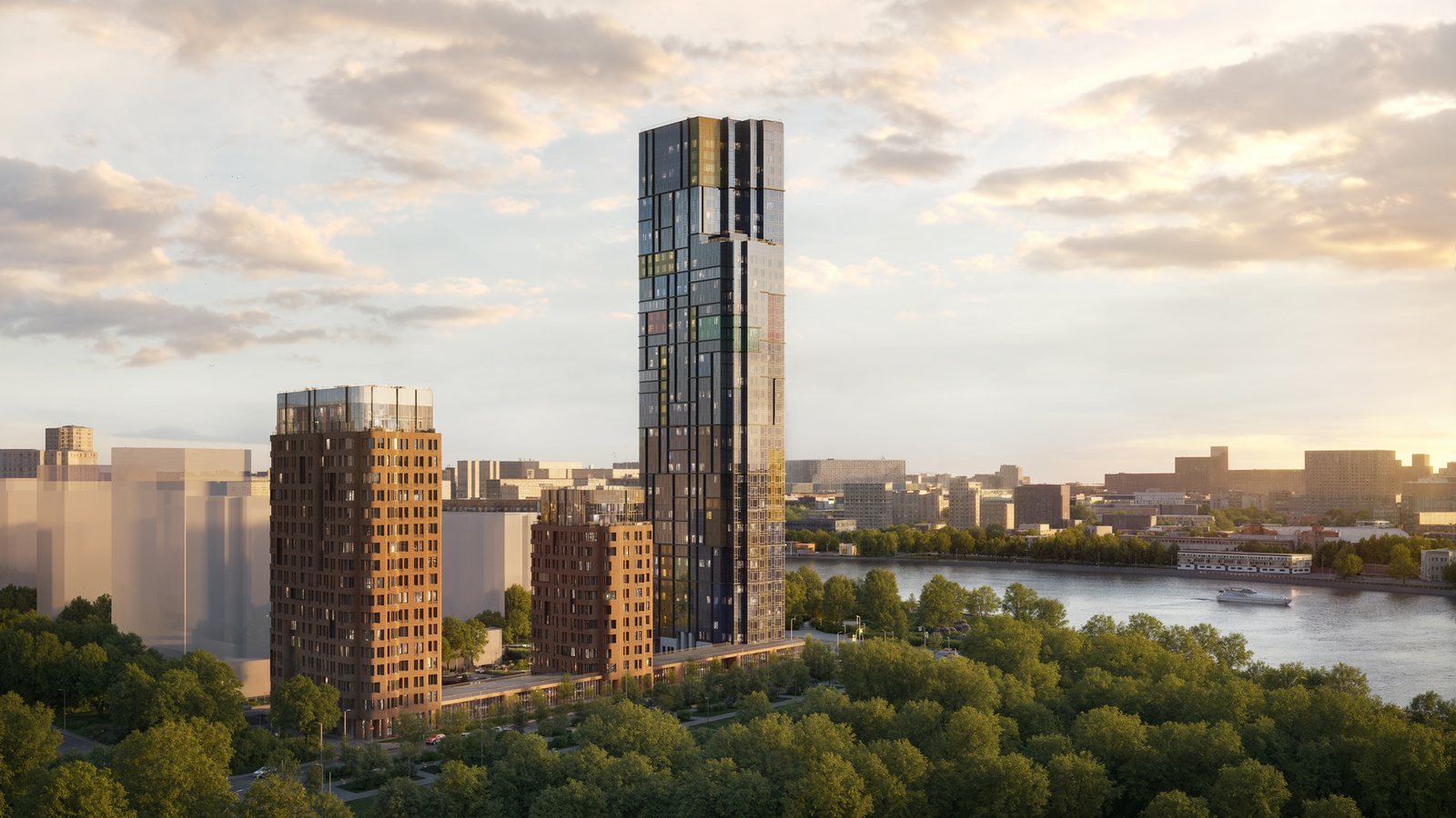 ЖК «МАРК» на берегу Москвы-реки, вид с воды, визуализация