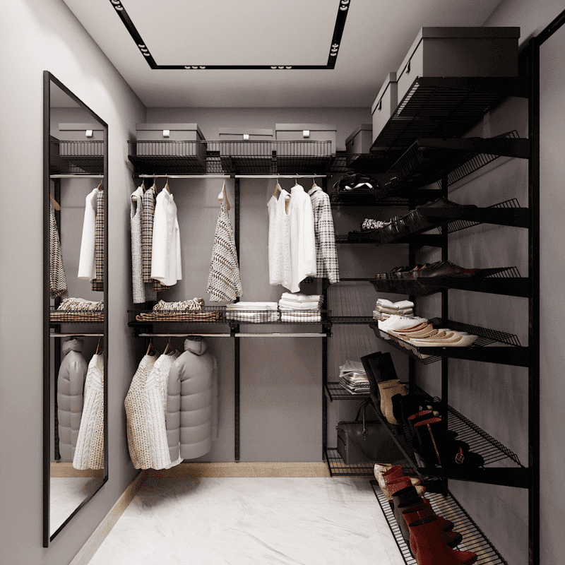 Угловая сетчатая гардеробная система ARISTO на чёрных стойках