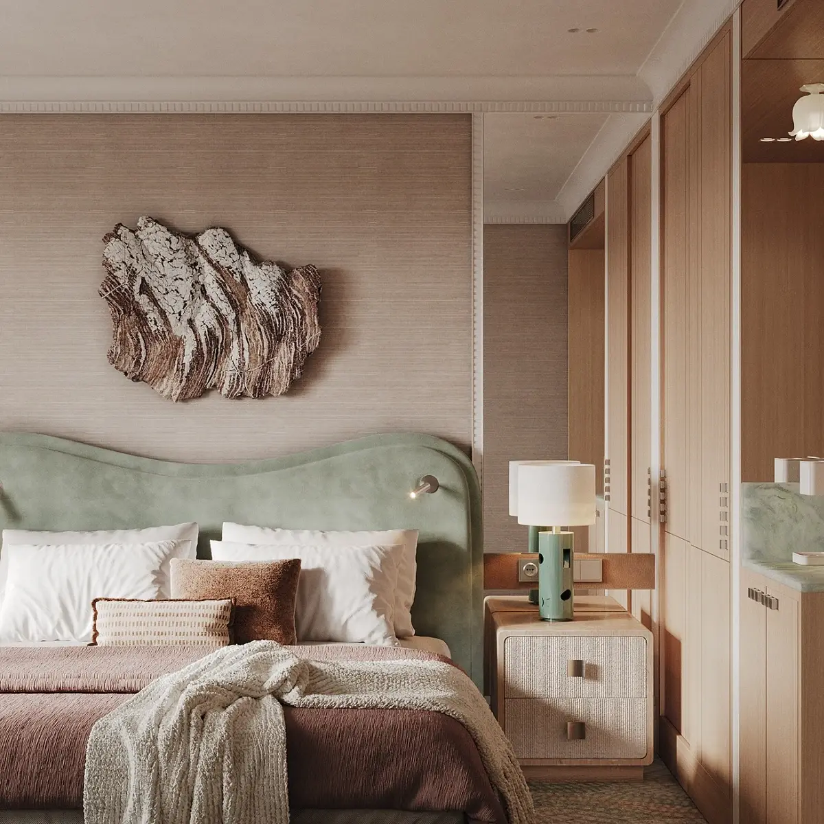 Визуализация VOLNA Resort: спальня с изголовьем и встроенным шкафом