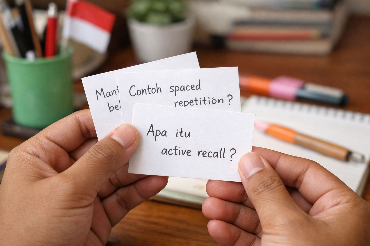 Flashcard belajar untuk active recall dengan pertanyaan singkat dan jawaban di balik kartu