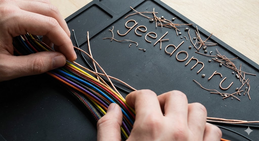 Процесс аккуратной укладки проводов компьютера на антистатическом коврике.