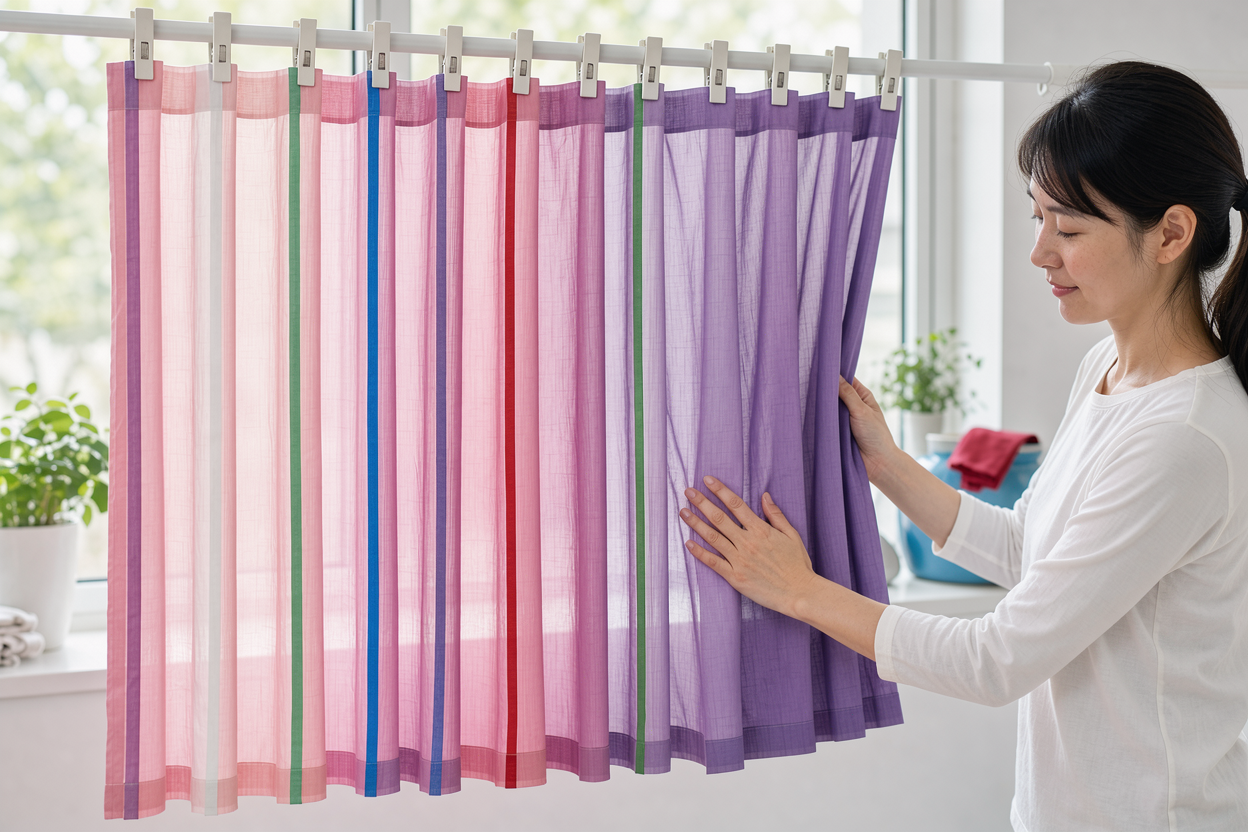 Curtains hung to dry vertically on an indoor rod, gently smoothed by hand, diffused daylight through the window, showing natural drying without direct sun