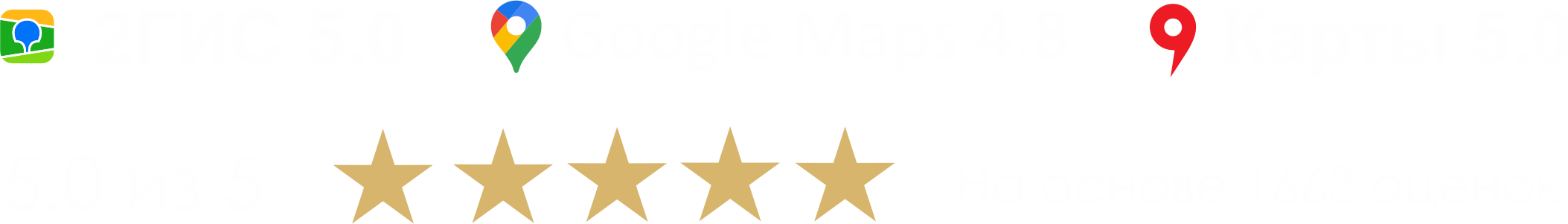 Рейтинги: 2ГИС 5.0, Google Maps 4.8, Яндекс Карты 5.0 — 5.0 из 5 на основе 4 269 оценок