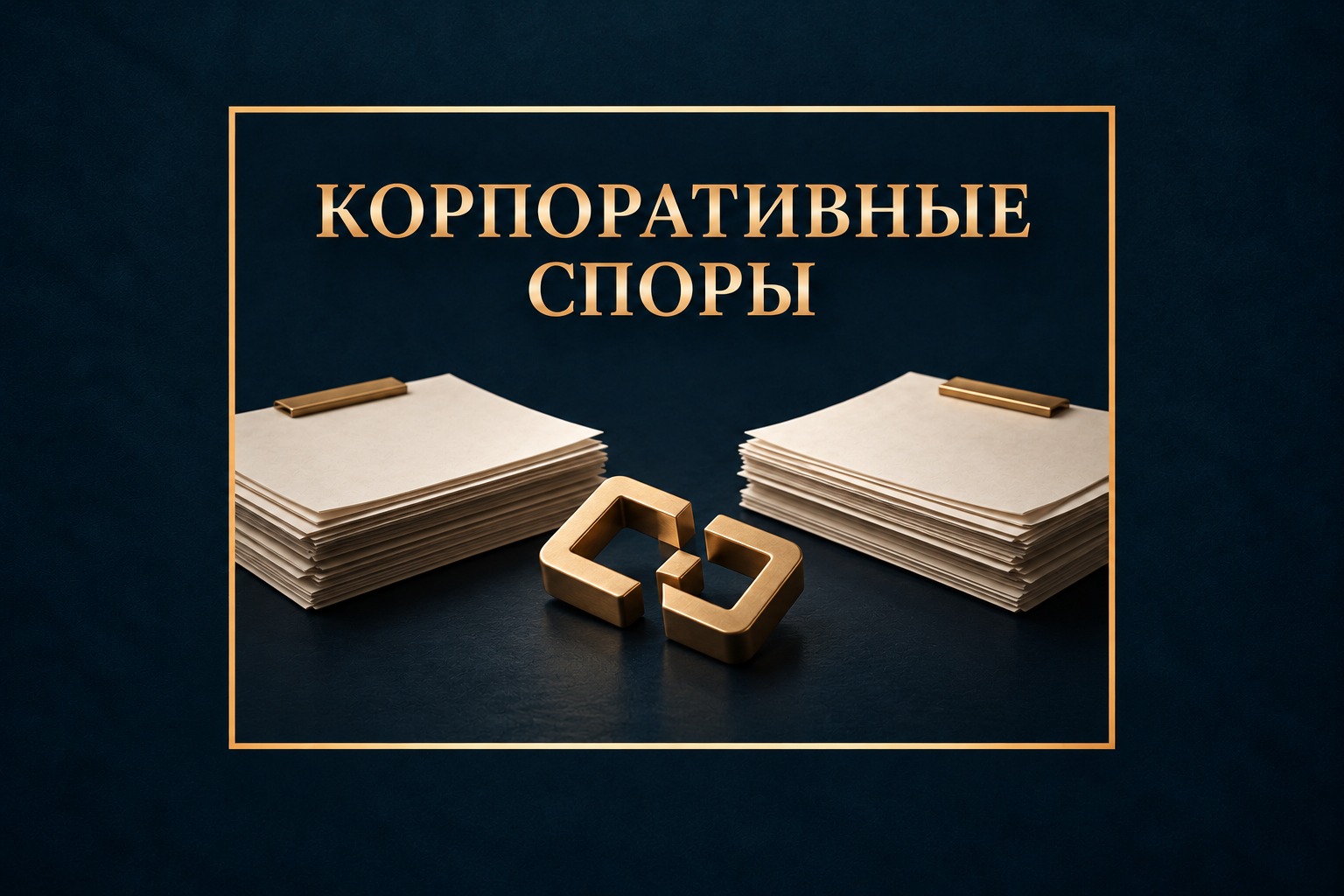Концептуальная обложка «Корпоративные споры»: две папки компании и золотой знак разногласия на тёмно-синем фоне