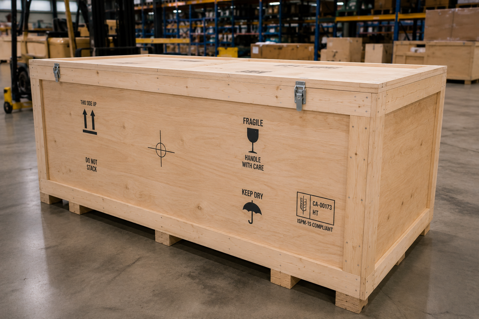 Finished ATA-300 Category II compliant crate with ISPM-15 markings, ready to ship