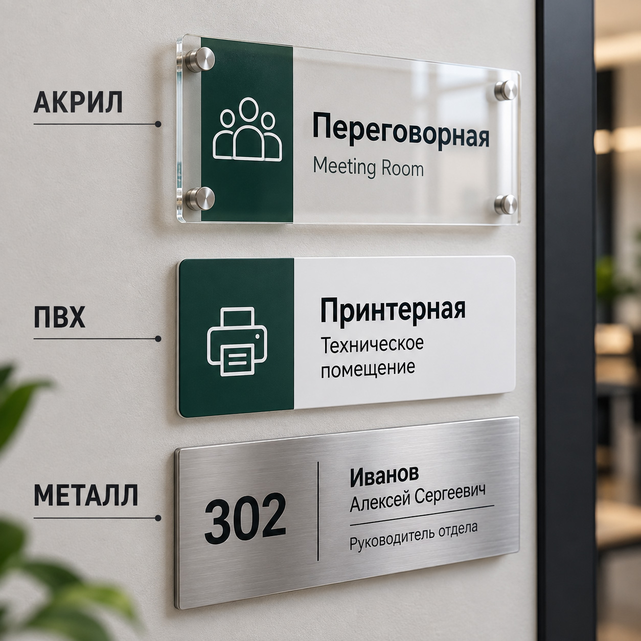 Материалы для офисных табличек: акрил, ПВХ и металл
