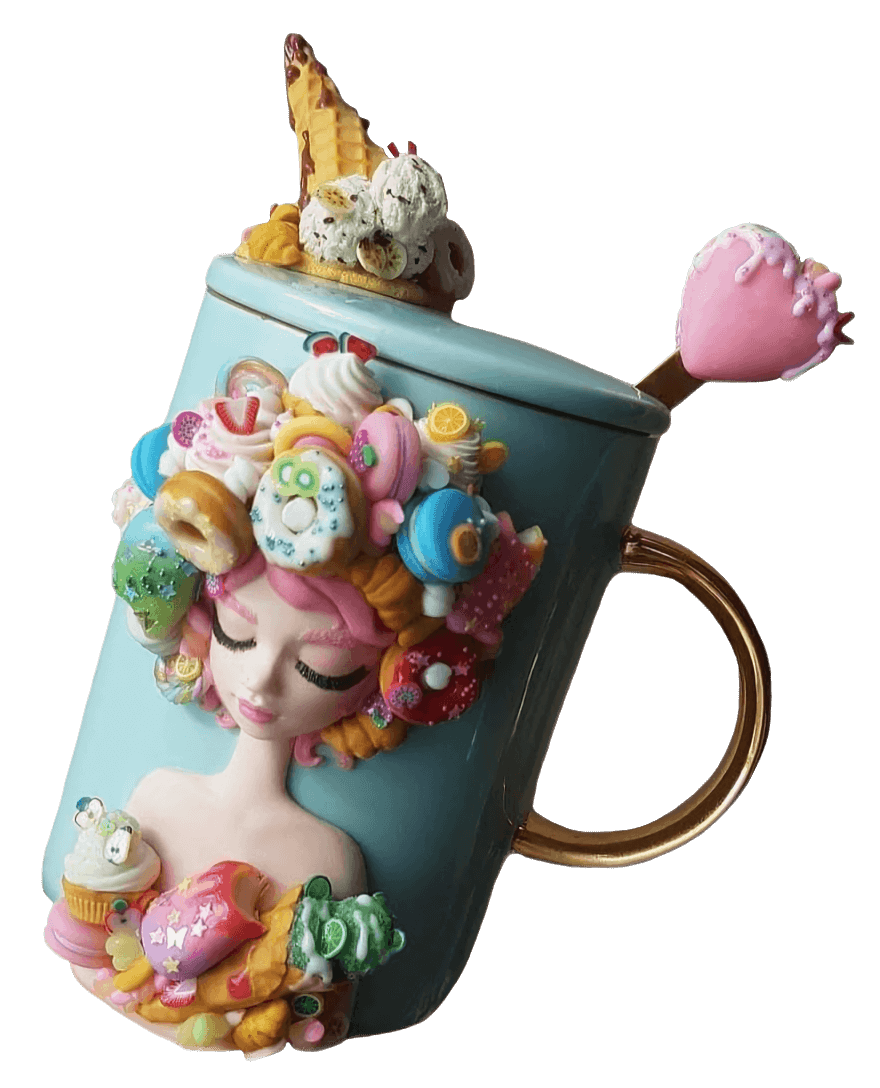 Декор кружки девушка в сладостях из полимерной глины 