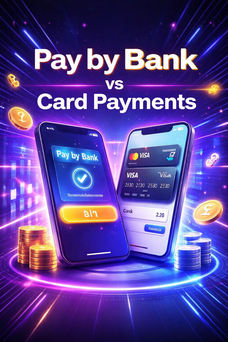 Illustration comparing Pay by Bank and card payments, showing two smartphones with a bank payment approval and a card checkout interface, highlighting differences in fees, settlement, and risk.