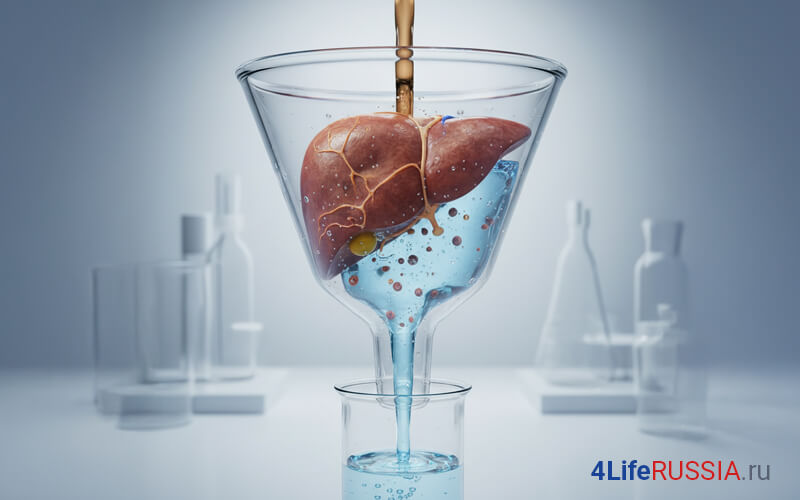 4Life Transfer Factor Super Detox: печень в стеклянной воронке на лабораторном фоне — визуальная метафора мягкой поддержки детокса