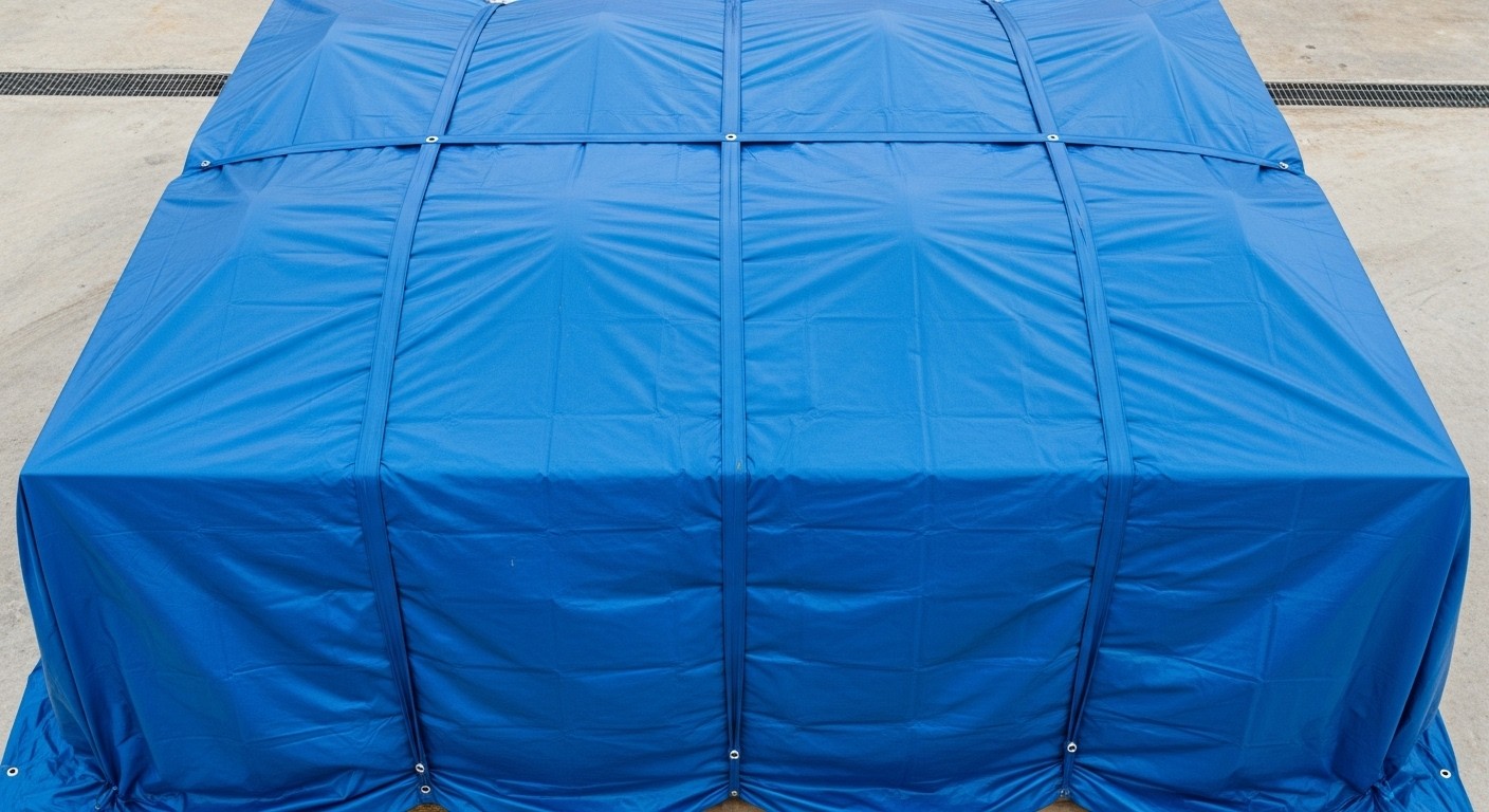 Синий водонепроницаемый тент с металлическими люверсами по периметру и усиленными стропами натянутый на грузе для защиты от осадков