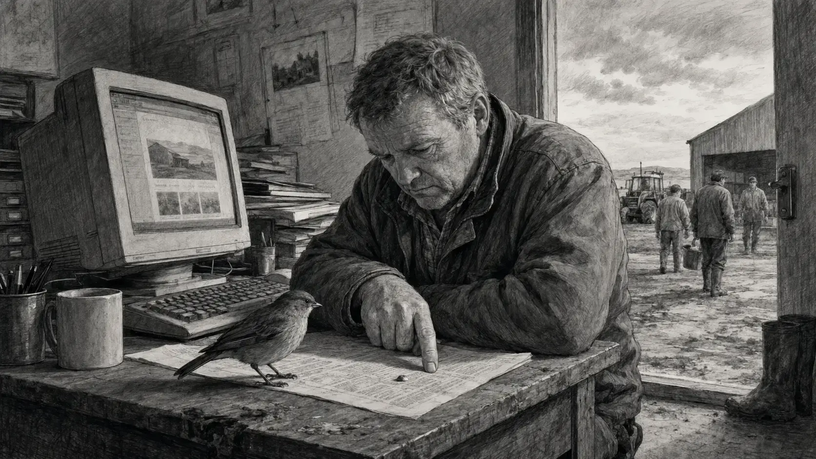 Black-and-white book illustration of an Irish farmer watching for results beneath a bird while his website and farm team remain in the background.