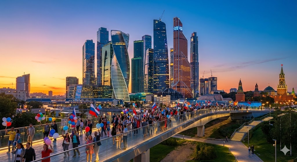 Панорама праздничной Москвы 2026 года с видом на Кремль и парк Зарядье