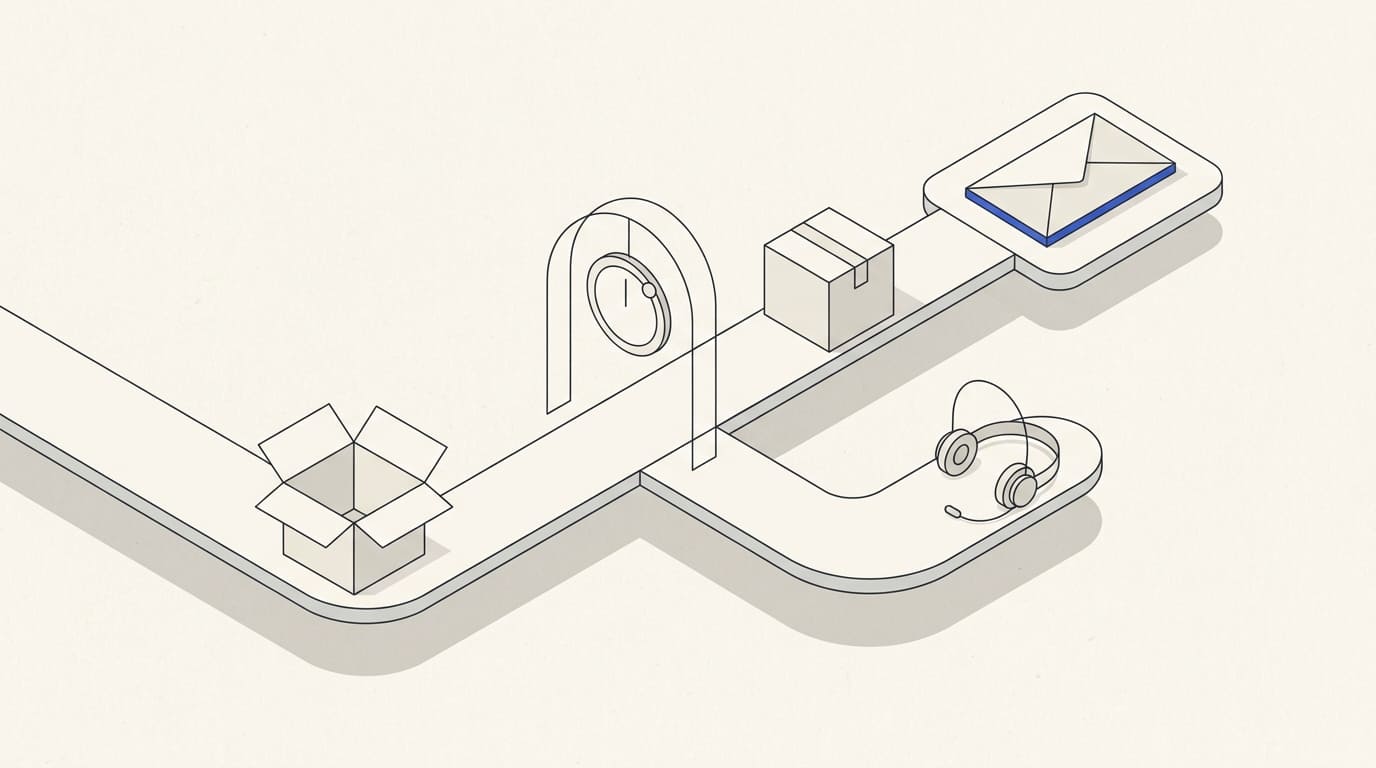 A parcel connects through a timing gateway to a review email and a support path.