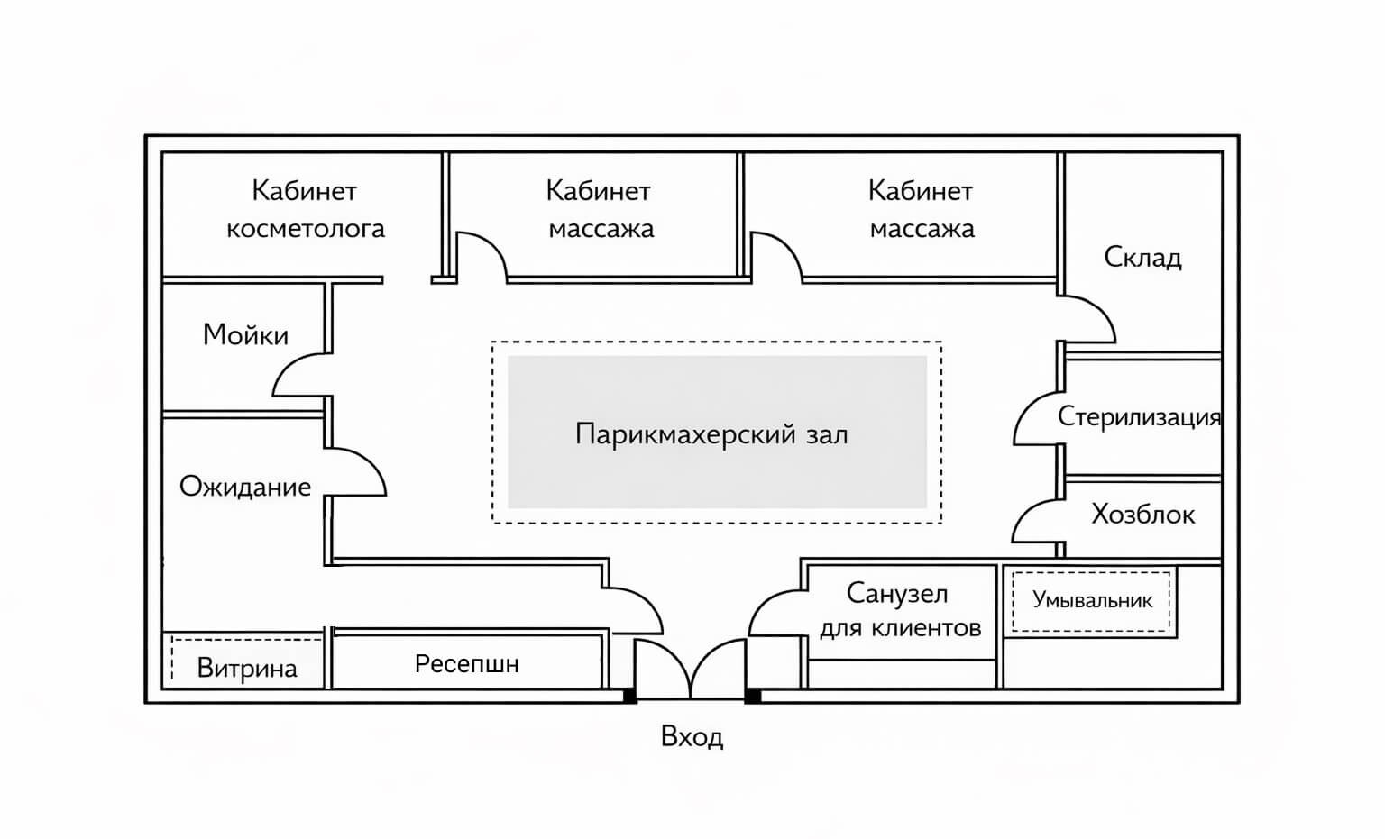 Чёрно-белая схема планировки салона красоты 70–100 м² с ресепшн, зоной ожидания, парикмахерским залом, ногтевой зоной, кабинетами, стерилизацией и хозблоком
