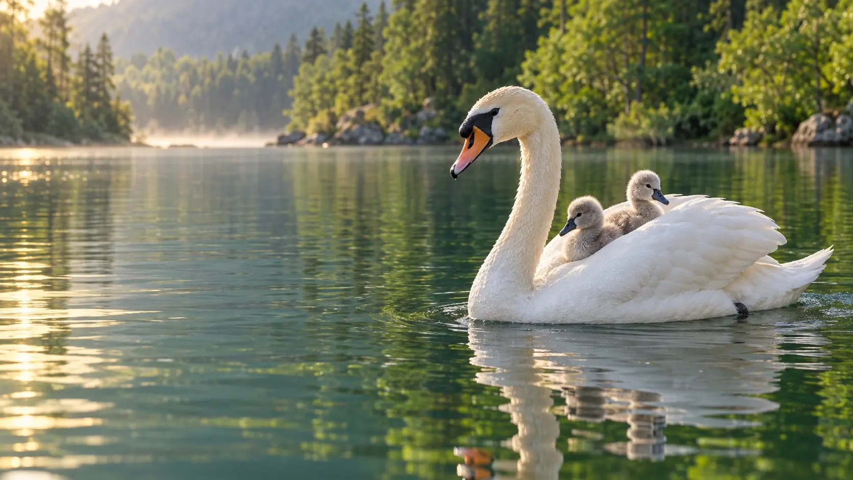 Лебедь с птенцами на воде