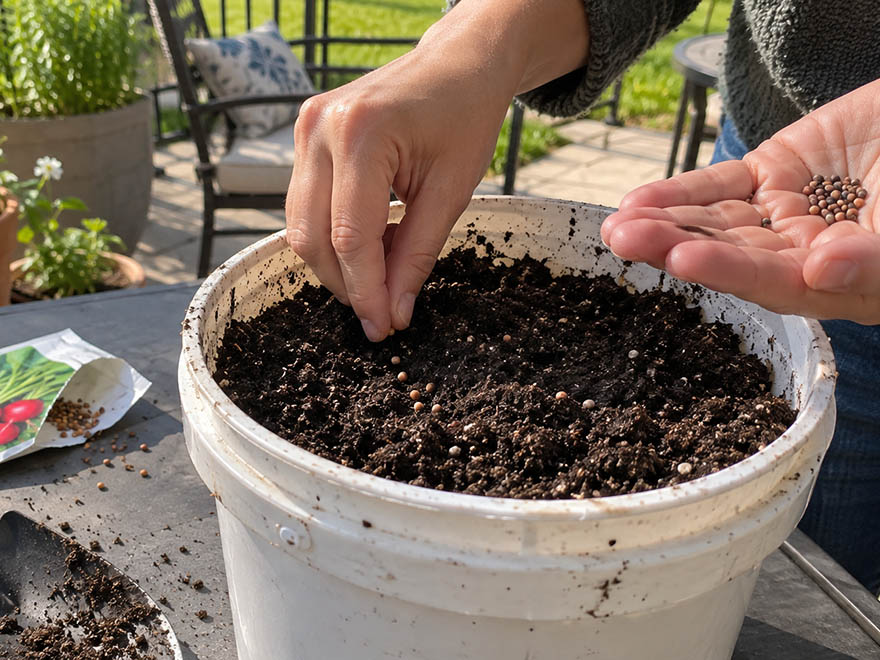 Hands sowing radish seeds into a small container of potting mix
