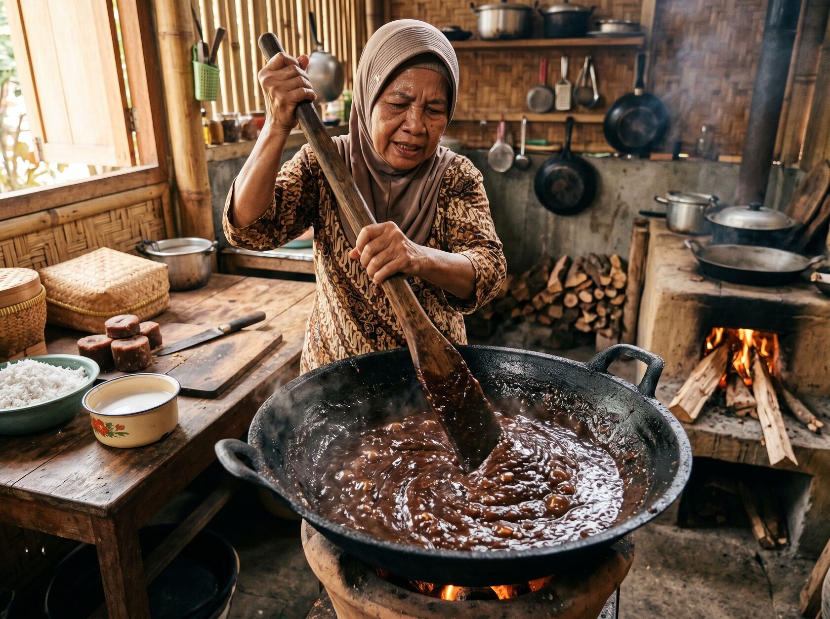 Proses membuat dodol Betawi di kuali besar