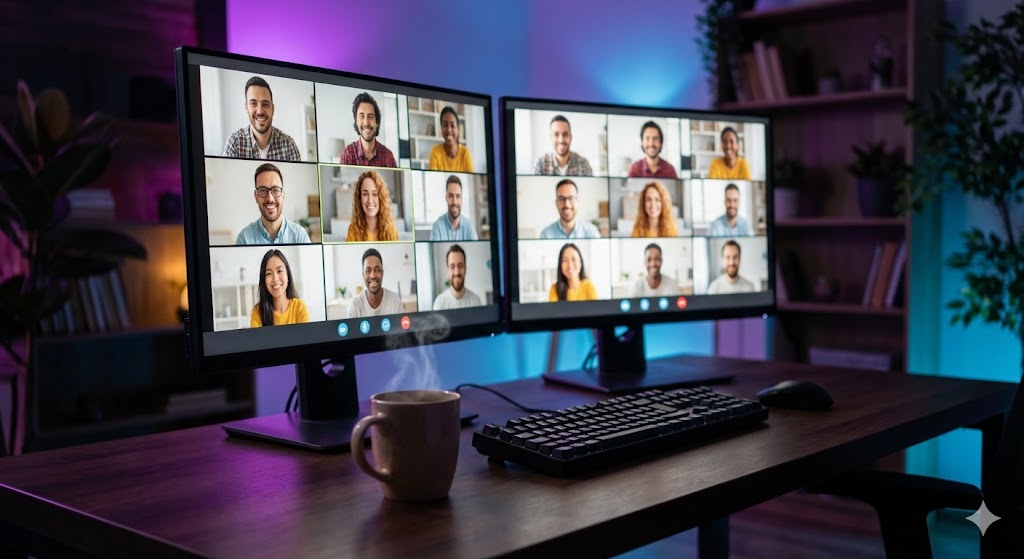 Уютное рабочее место с компьютером во время видеозвонка с друзьями в День интернет-друзей