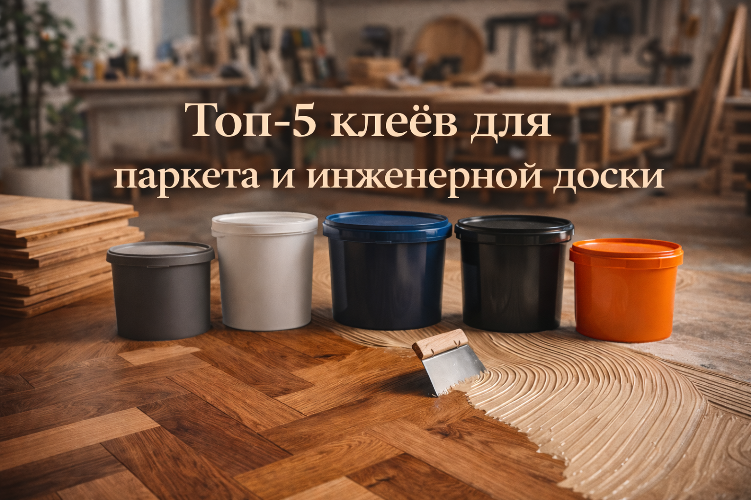 Промо-изображение для статьи «Топ-5 клеёв для паркета и инженерной доски 2025». На фото — мастерская укладчика: частично уложенный деревянный пол в раскладке «ёлка», нанесение клея зубчатым шпателем и пять нейтральных ёмкостей клея без брендинга. Картинка