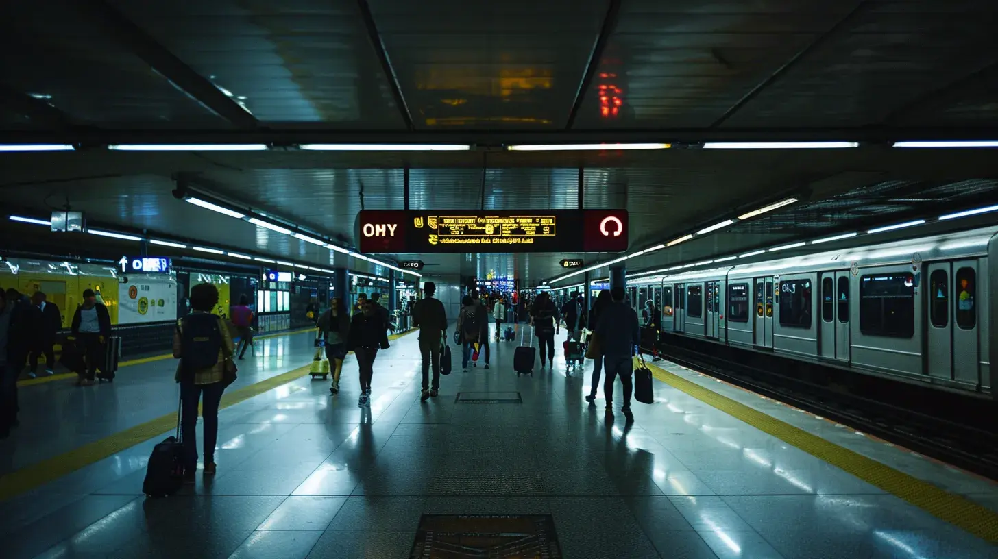 a bustling barcelona metro station showcases vibrant signage and diverse travelers expertly navigating the network, with a digital display showing train schedules illuminated by overhead lighting, capturing the city's efficient urban transport experience.