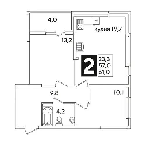 Планировка ЖК Новые Сезоны 2 — Двухкомнатные: вариант 4