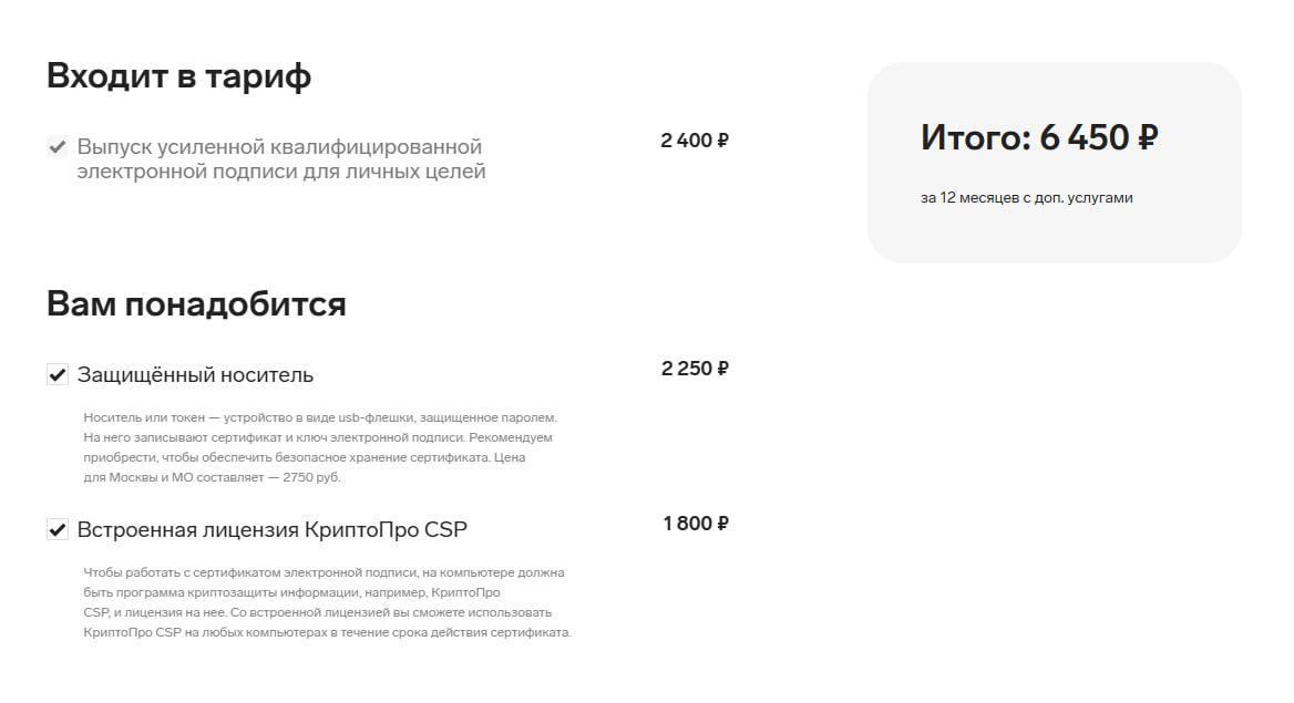 Пример расчета стоимости оформления УКЭП с USB-токеном Рутокен Lite в удостоверяющем центре Контур. Цены на квалифицированную электронную подпись, лицензию КриптоПро CSP на 1 год