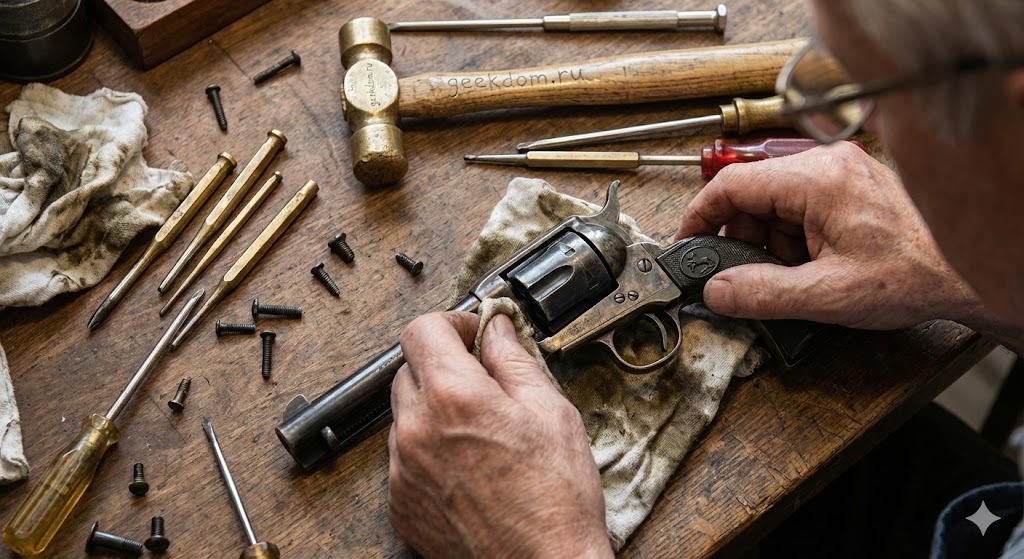 Чистка разобранного старинного револьвера на верстаке