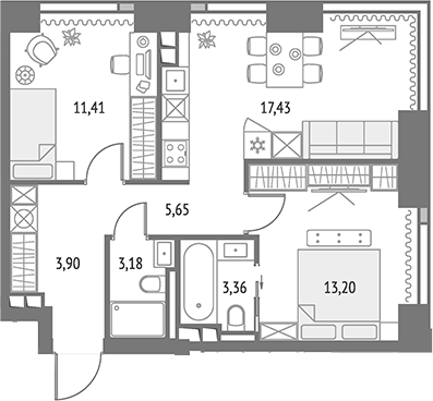 3-комнатная 58,1 м²