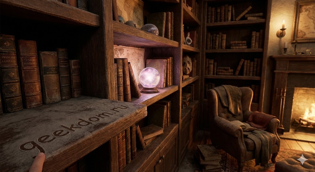 Атмосферная библиотека в стиле фэнтези с магическими артефактами.
