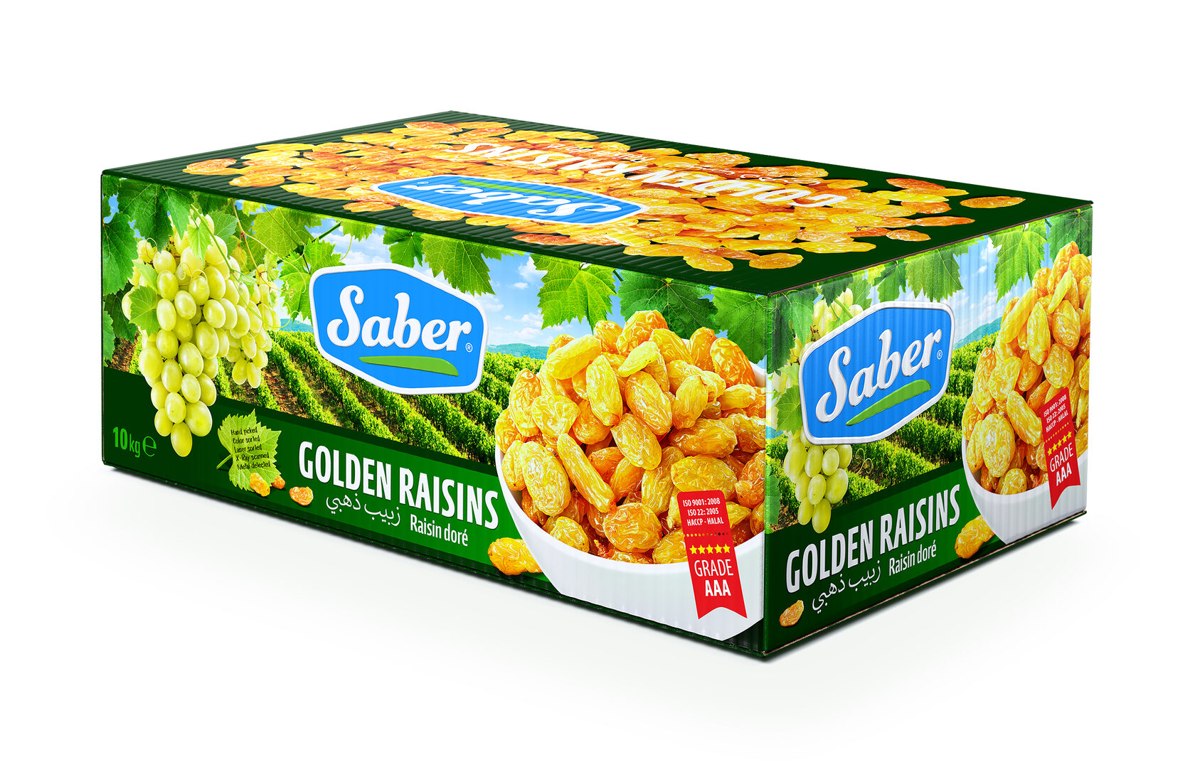 Packaging design for SABER raisins in cardboard boxes