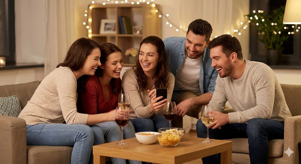 Друзья обсуждают профили в приложении знакомств на вечеринке