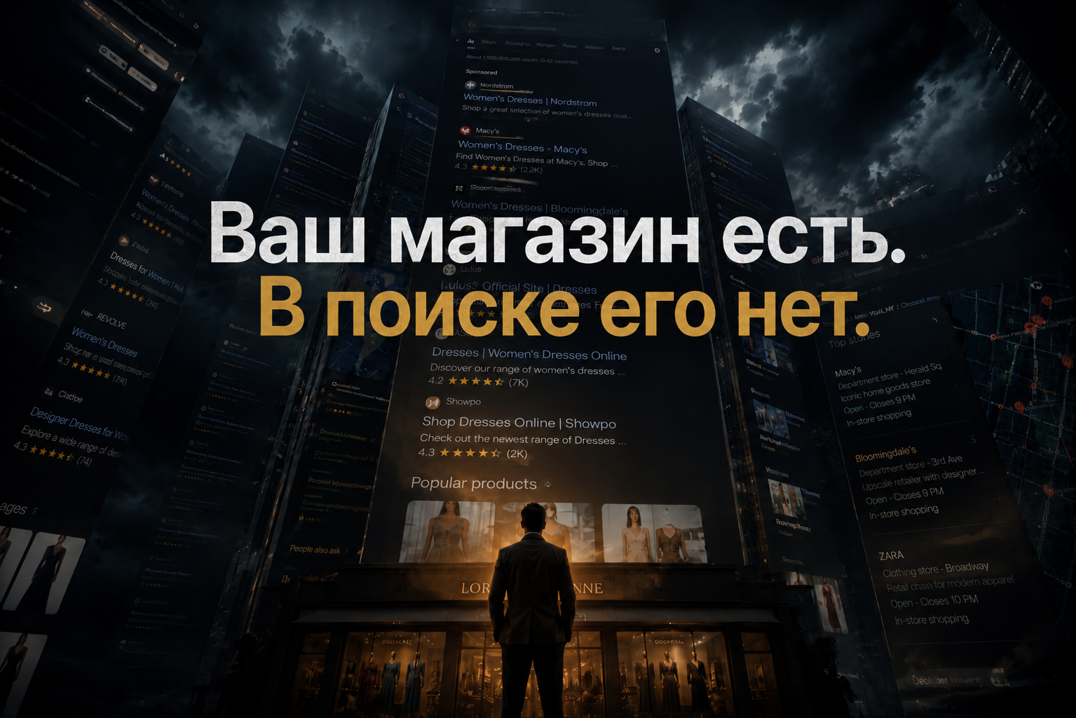 Интернет-магазин не виден в поиске Google. Концептуальная иллюстрация проблем SEO и низкой поисковой видимости сайта.