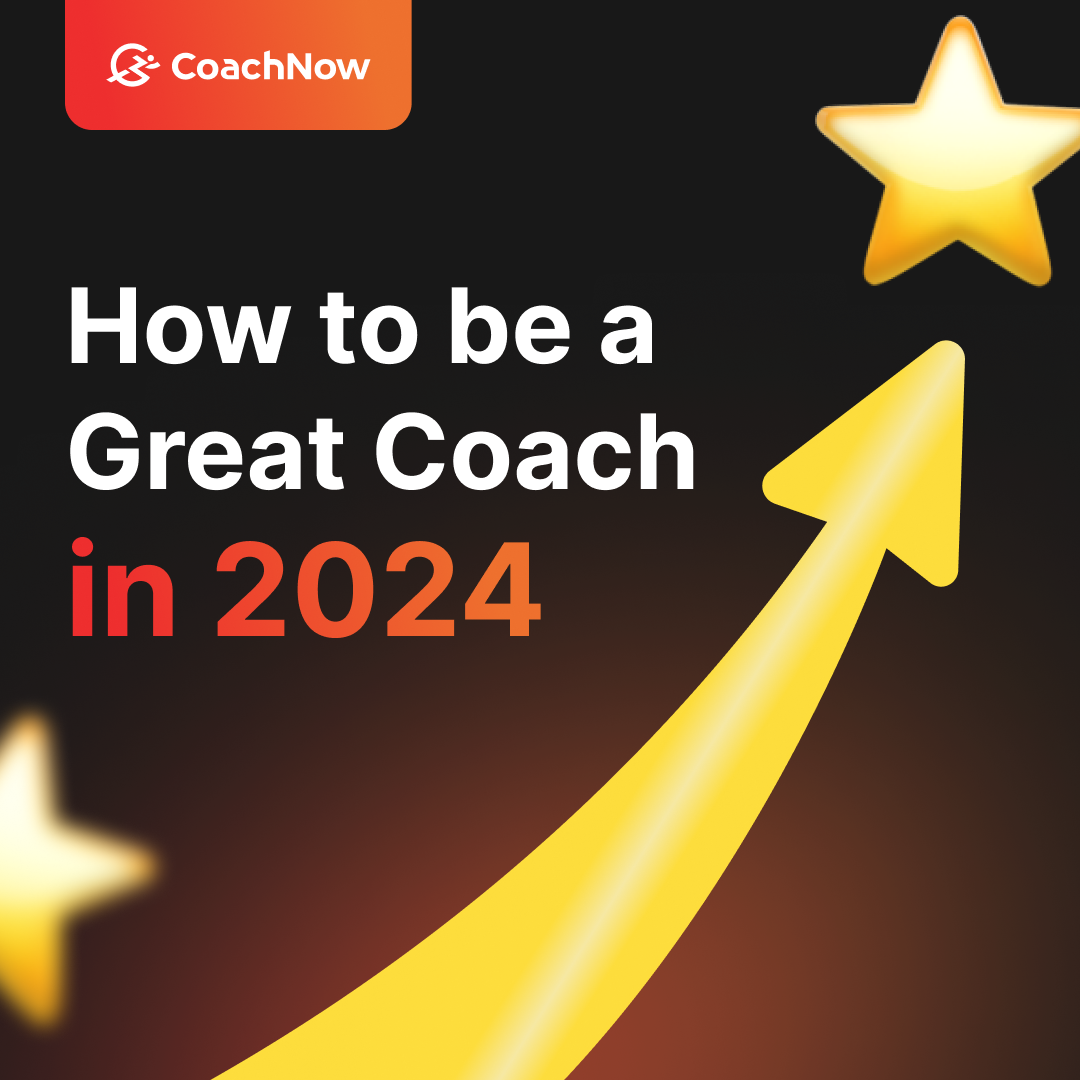 A gold arrow pointed to a gold star with text reading How to Be a Great Coach in 2023 CoachNow