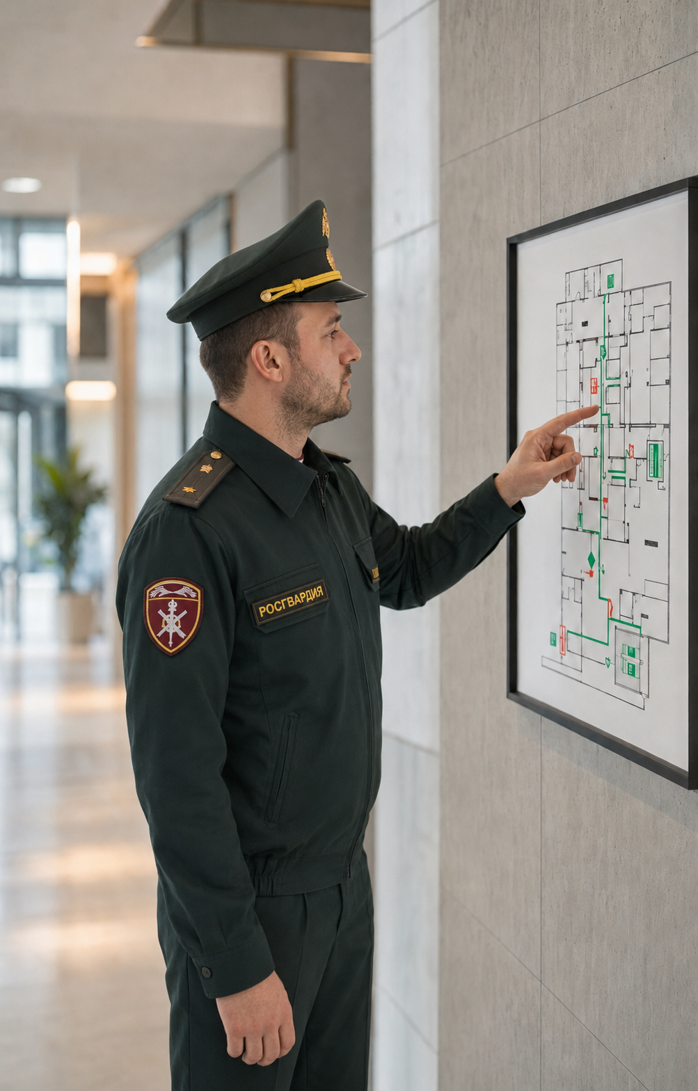 Сотрудник Росгвардии изучает план эвакуации объекта