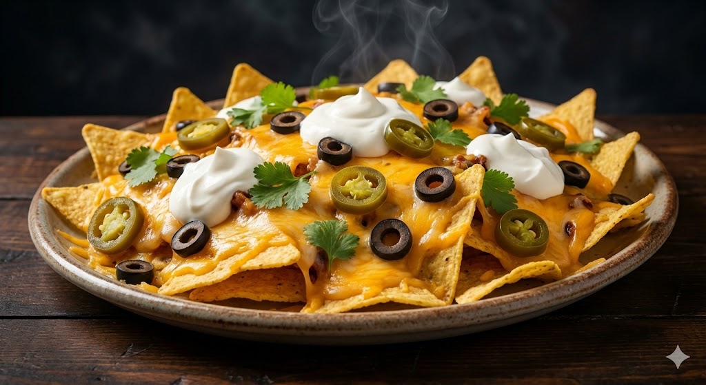 Домашние начос с расплавленным сыром, халапеньо и сметаной.