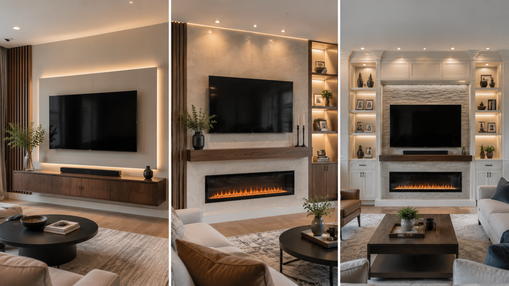 Three custom media wall designs showing a simple TV wall a fireplace media wall and a premium built-in entertainment system.