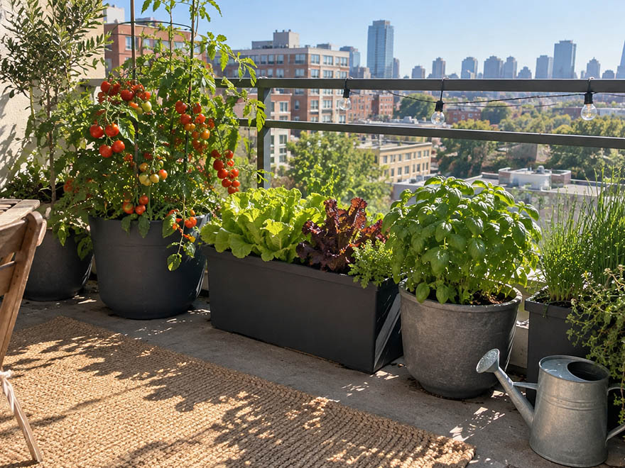 A balcony vegetable garden for beginners with containers of tomatoes, lettuce, and herbs