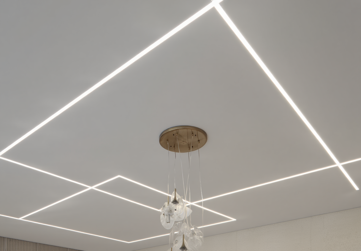 Современный натяжной потолок с встроенными световыми линиями и подвесным светильником в минималистичном интерьере — пример аккуратного монтажа и продуманного освещения.