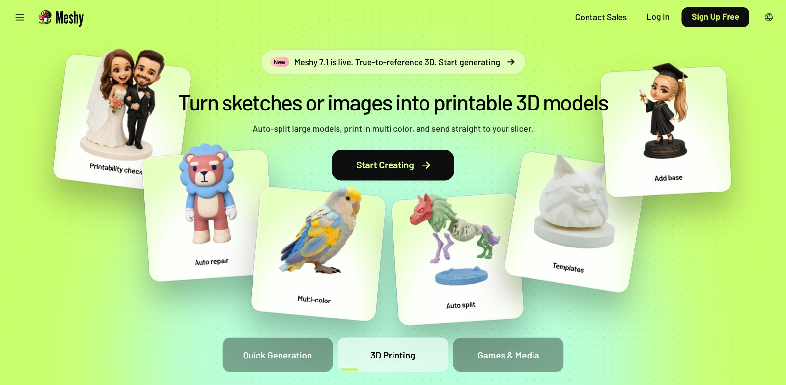 Screenshot of the Meshy homepage with the headline Turn sketches or images into printable 3D models and example 3D models labelled printability check, auto repair, multi-color, auto split, templates and add base